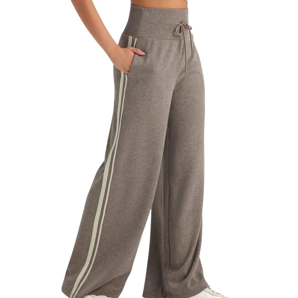 Halara Ribbed High Waist Side Striped Wide Leg Side Pocket Pants Taupe Sz Large